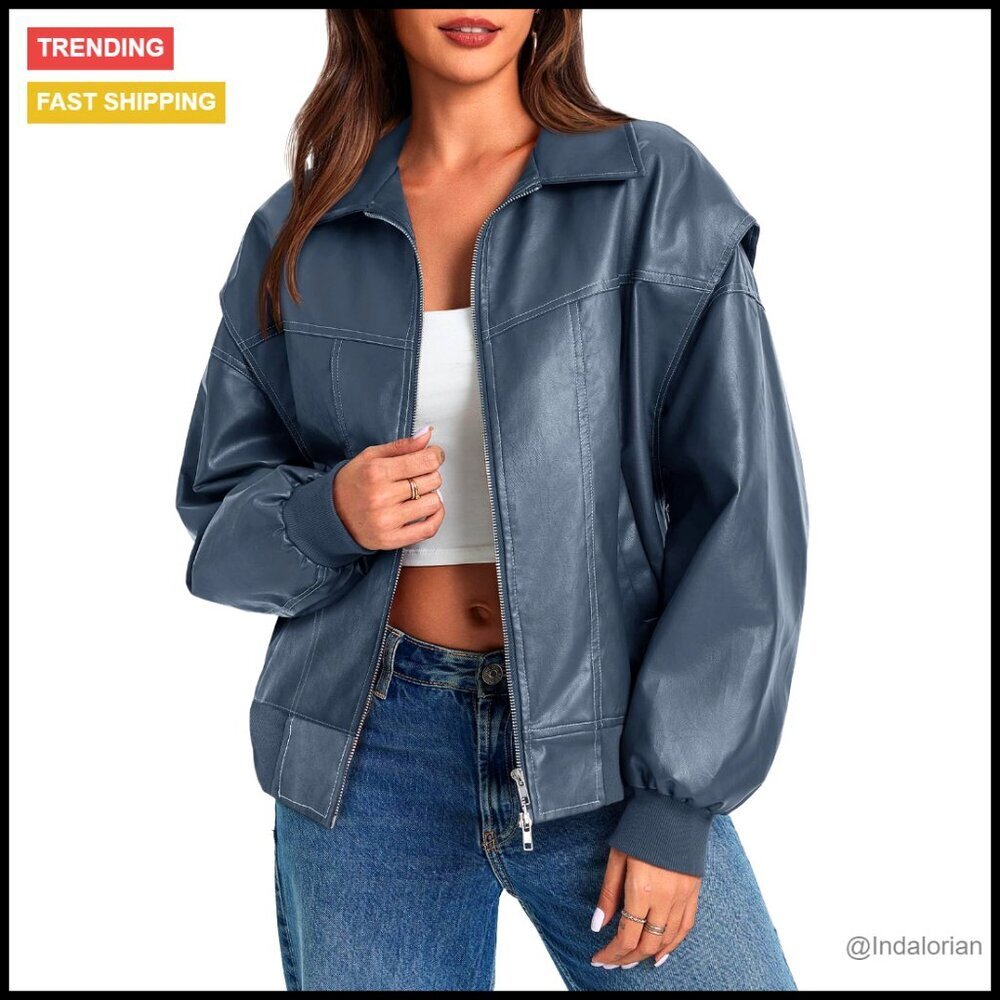 Oversized Faux Leather Bomber Jacket with Zip Closure and Pockets